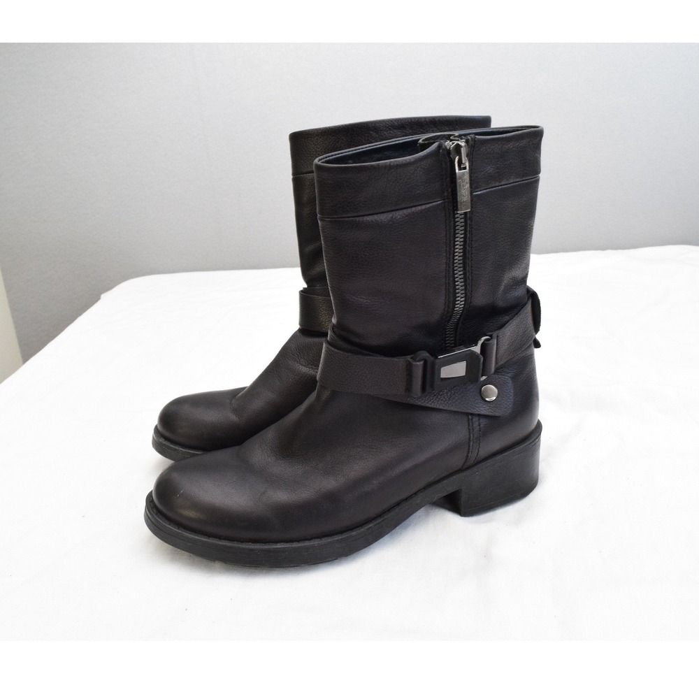 Aquatalia Ami Leather Ankle Boots 8 Black Belted Moto Italian Women Designer